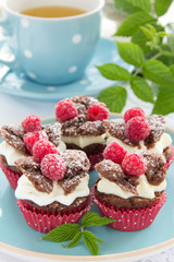 Chocolate muffins with raspberries and cream.