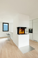 interior new house, modern kitchen with fireplace