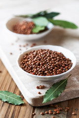 Brown lentils and fresh bay leaves