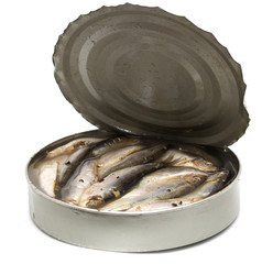 sprat in an iron pot on white background