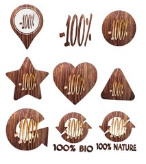 discount symbol set of wooden 3d buttons