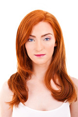 Attractive woman in red hair over white background