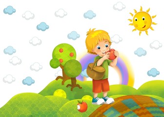 Obraz premium The child in the park - eating apples - illustration
