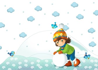 The child outdoors making snowman - illustration