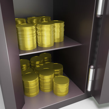 Open Safe With Coins Shows Safety Savings