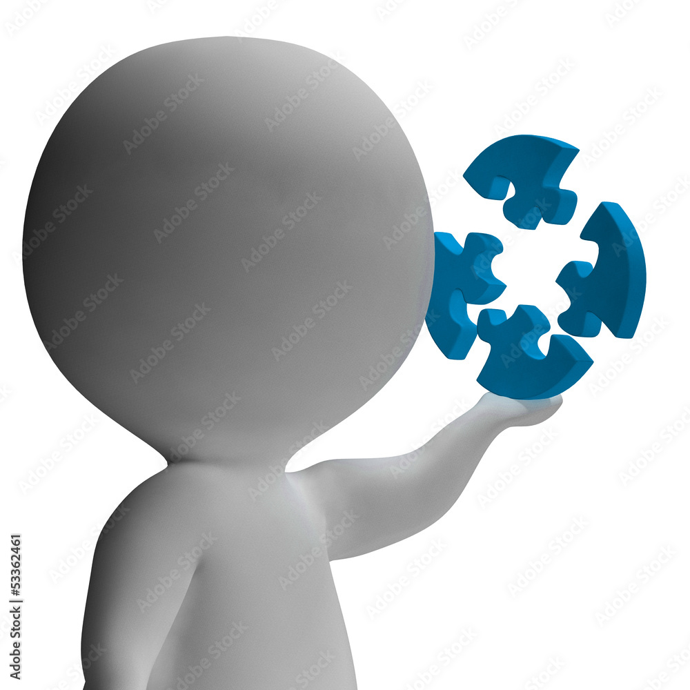 Poster jigsaw pieces and 3d character showing solving and strategy