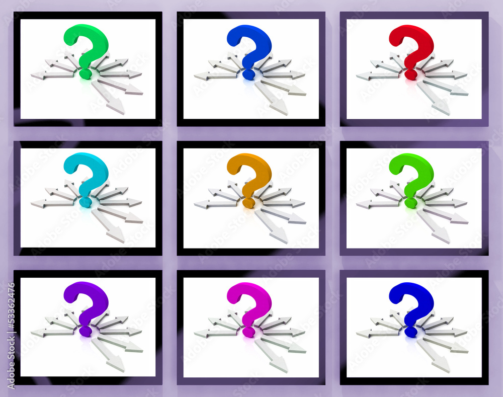 Poster question marks on monitors showing asked questions