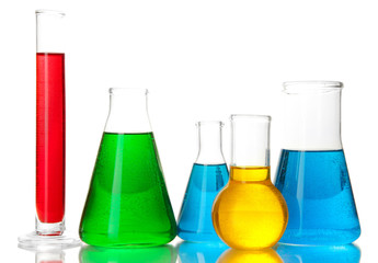 Test tubes with colorful liquids isolated on white