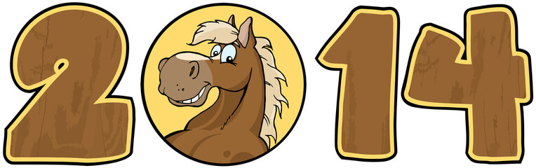 2014 Year Wood Cartoon Numbers With Horse Face Over A Circle