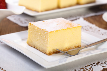 The composition of delicious cheesecake served with strawberries