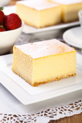 The composition of delicious cheesecake served with strawberries