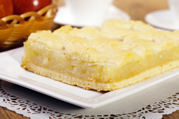 Delicious apple pie with whipped cream, lication.