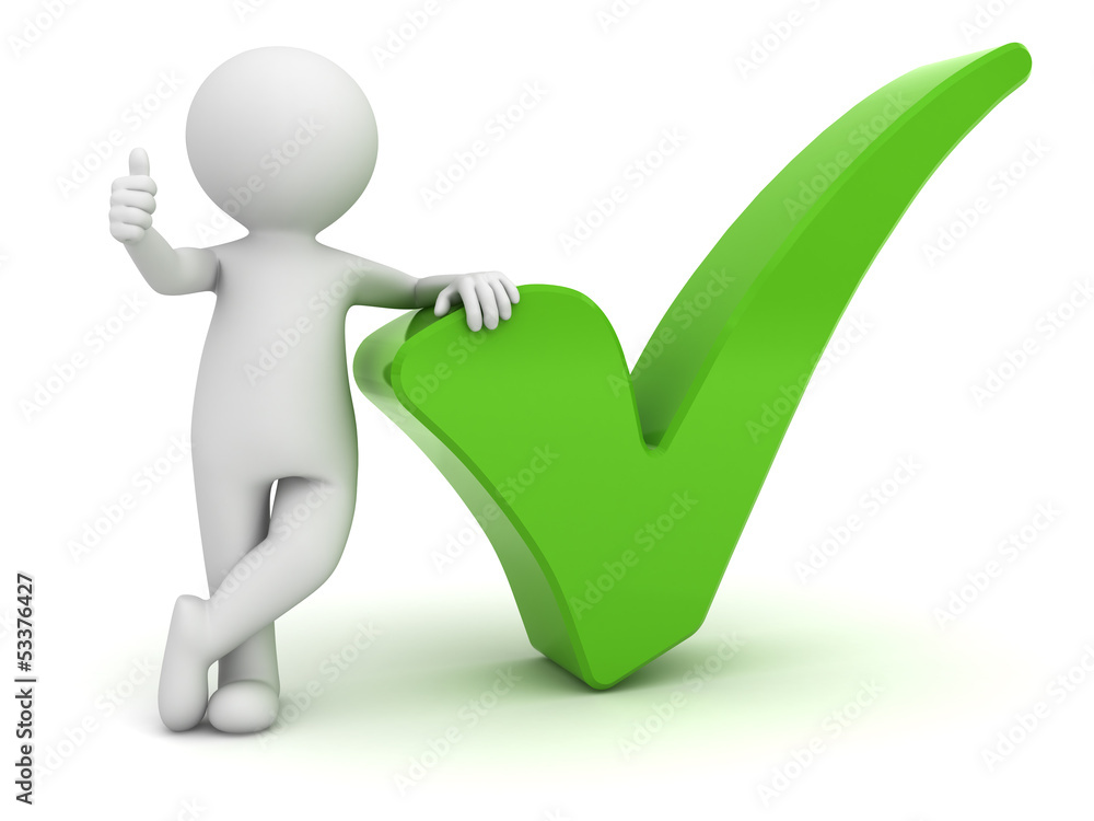 Poster 3d man showing thumbs up with green check mark over white