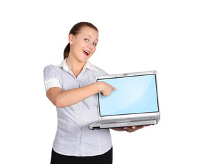 woman holding laptop