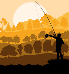 Fisherman in the morning vector background concept