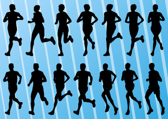 Marathon runners detailed active man and woman illustration silh