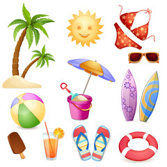 Summer beach elements isolated on white