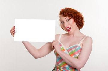 Retro woman, with blank sign, isolated on white