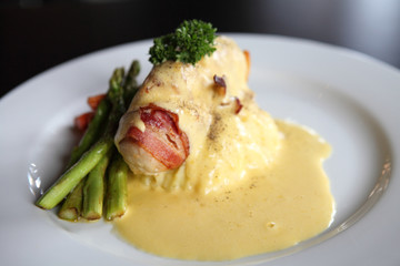 Chicken and bacon with cheese sauce