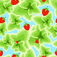 Seamless background with strawberries and leaves.