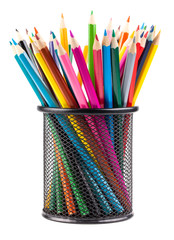 Various color pencils in metal container