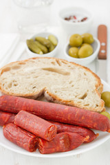 sausages with bread and olives on the plate