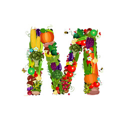 Fresh vegetables and fruits letter M