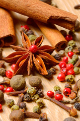 group of spices ,cinnamon, pepper and anise star