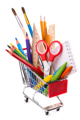 School or office supplies, drawing tools in a shopping cart