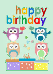 card with cute owl, birds and gift boxes - happy birthday