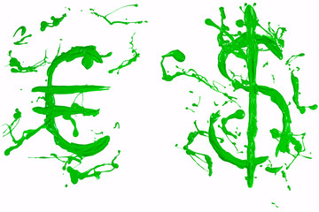 Obraz premium Dollar and euro signs painted green