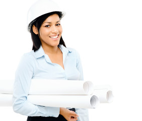 Happy mixed race business woman architect holding blue print iso