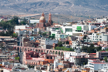 View of Zacatecas with aqueduct and Guadalupito church (Mexico)