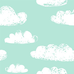White clouds grunge prints on teal blue seamless pattern, vector