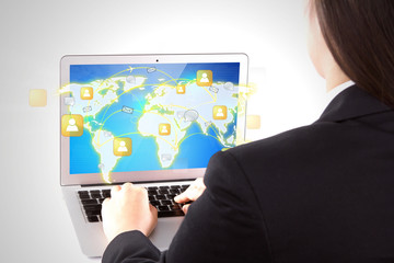 Business female hands writing on white laptop shoe social networ