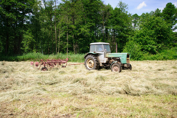 Naklejka premium stary traktor na łące