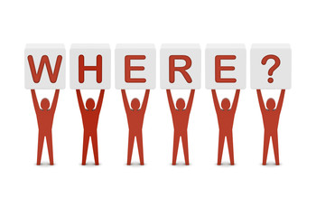 Men holding the question where. Concept 3D illustration.