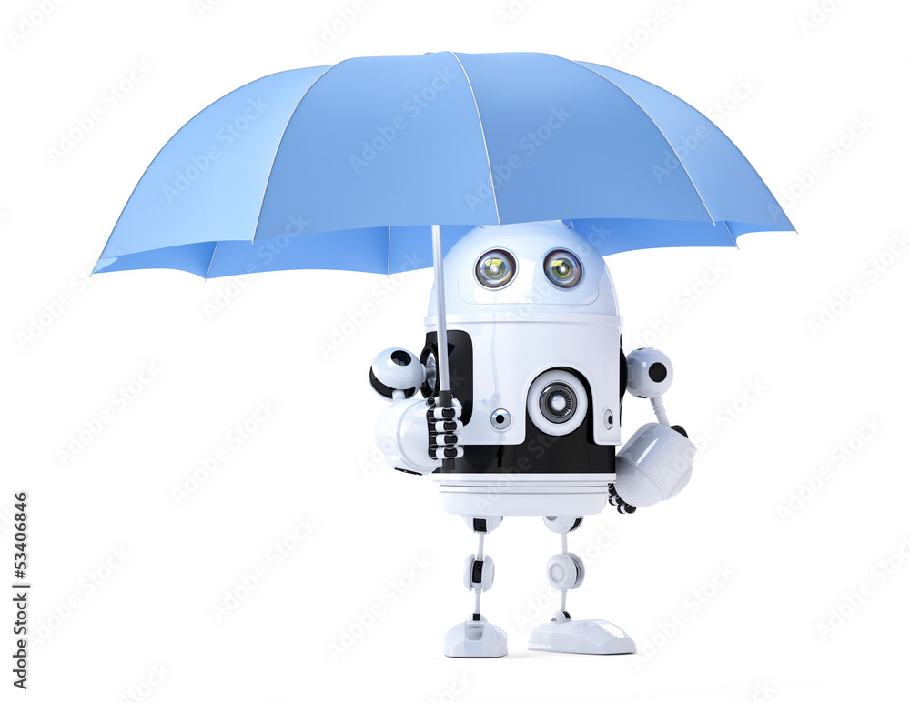 Poster android robot with umbrella. security concept