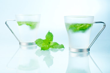 fresh mint and ice drink closeup