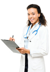 African American Doctor happy smiling isolated on white backgrou