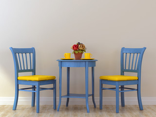 Blue chairs with table