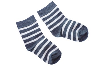 gray striped baby socks on white background
