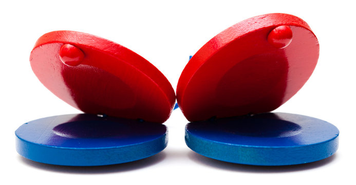 pair of red and blue castanets