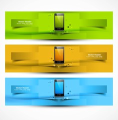 Mobile phone three colorful presentation website headers design