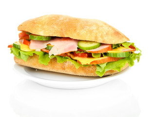 Fresh and tasty sandwich with ham and vegetables isolated