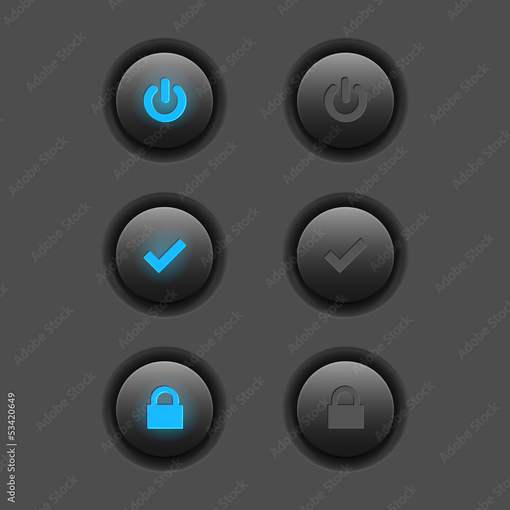 Poster set of modern web buttons - power, check, lock. two positions.