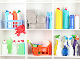 Shelves in pantry with cleaners for home close-up