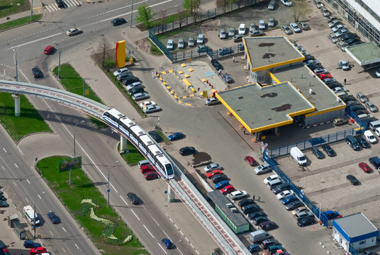 Birdseye view of a monorail train in Moscow, Russia