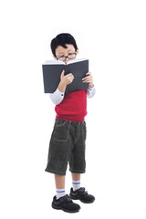 Asian nerd boy reading book - isolated