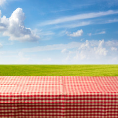 Empty table covered with checked tablecloth